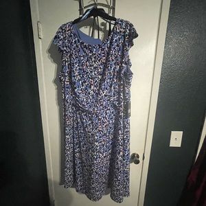 Blue dress with a pink, navy and white print
